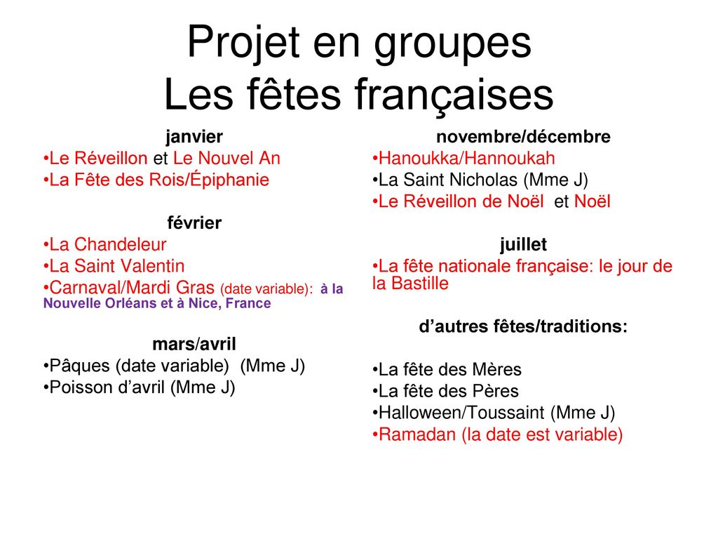 Projet en groupes Les fêtes françaises