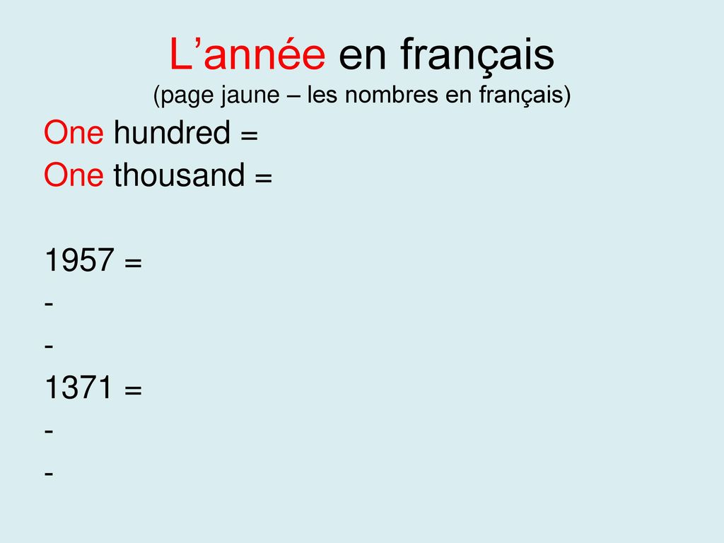 L’année en français (page jaune – les nombres en français)