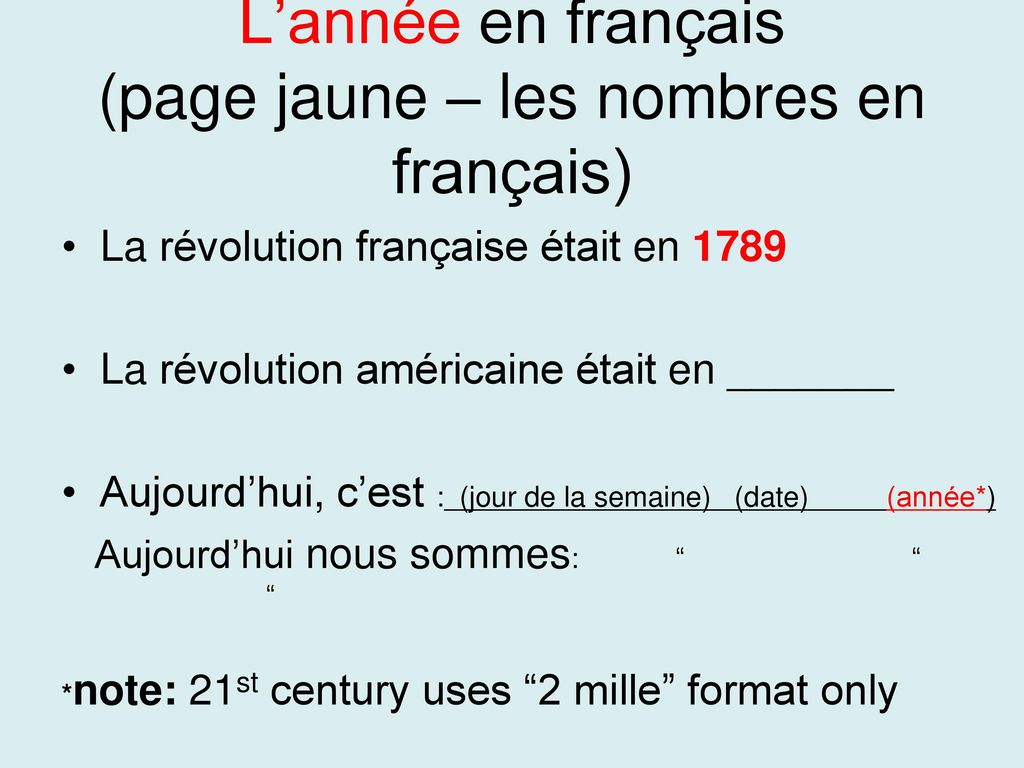 L’année en français (page jaune – les nombres en français)