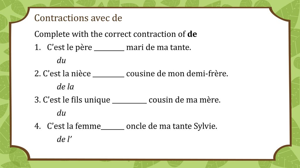 Contractions avec de Complete with the correct contraction of de