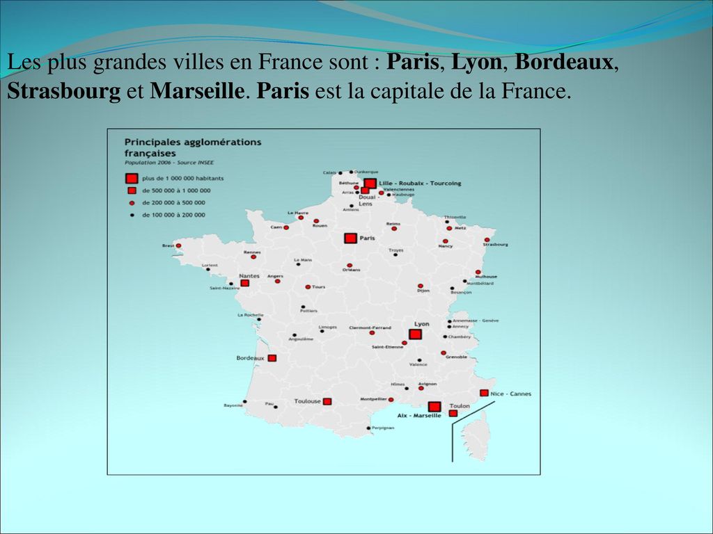 Les plus grandes villes en France sont : Paris, Lyon, Bordeaux, Strasbourg et Marseille.