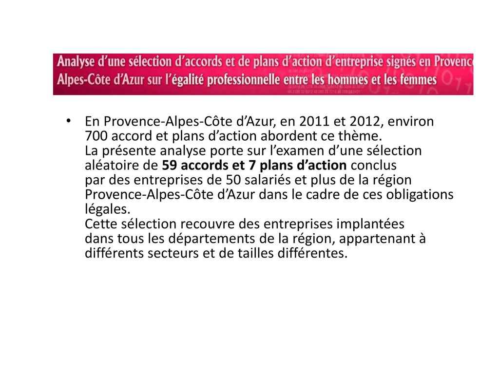 En Provence-Alpes-Côte d’Azur, en 2011 et 2012, environ 700 accord et plans d’action abordent ce thème.