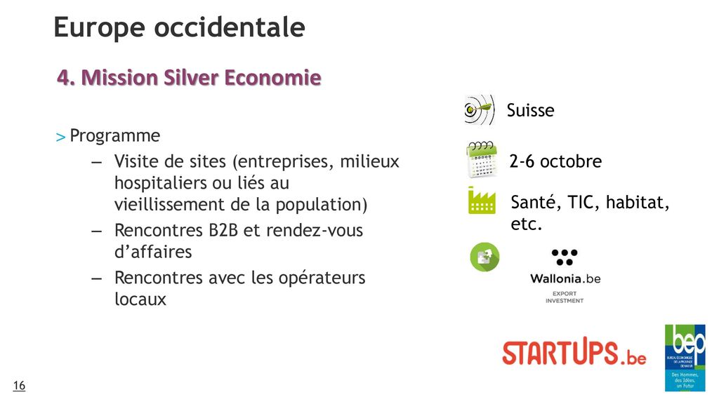 Europe occidentale 4. Mission Silver Economie Suisse Programme