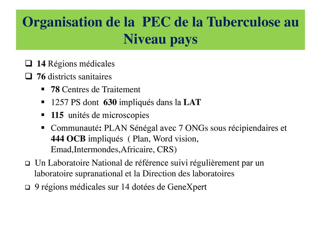 Organisation de la PEC de la Tuberculose au Niveau pays