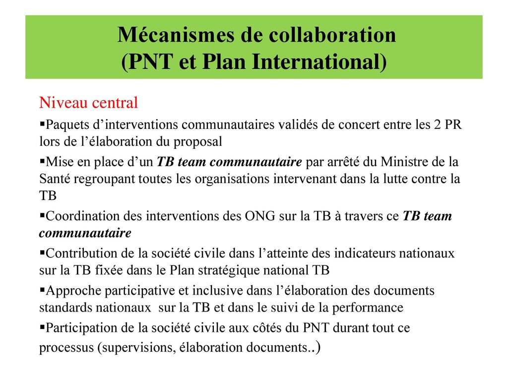 Mécanismes de collaboration (PNT et Plan International)