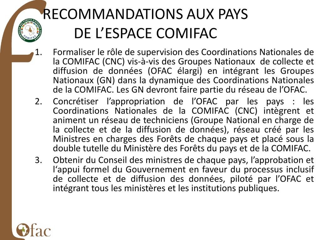 RECOMMANDATIONS AUX PAYS DE L’ESPACE COMIFAC
