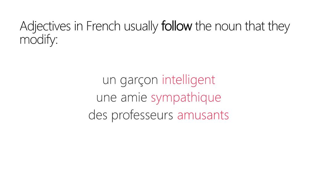 Adjectives in French usually follow the noun that they modify: