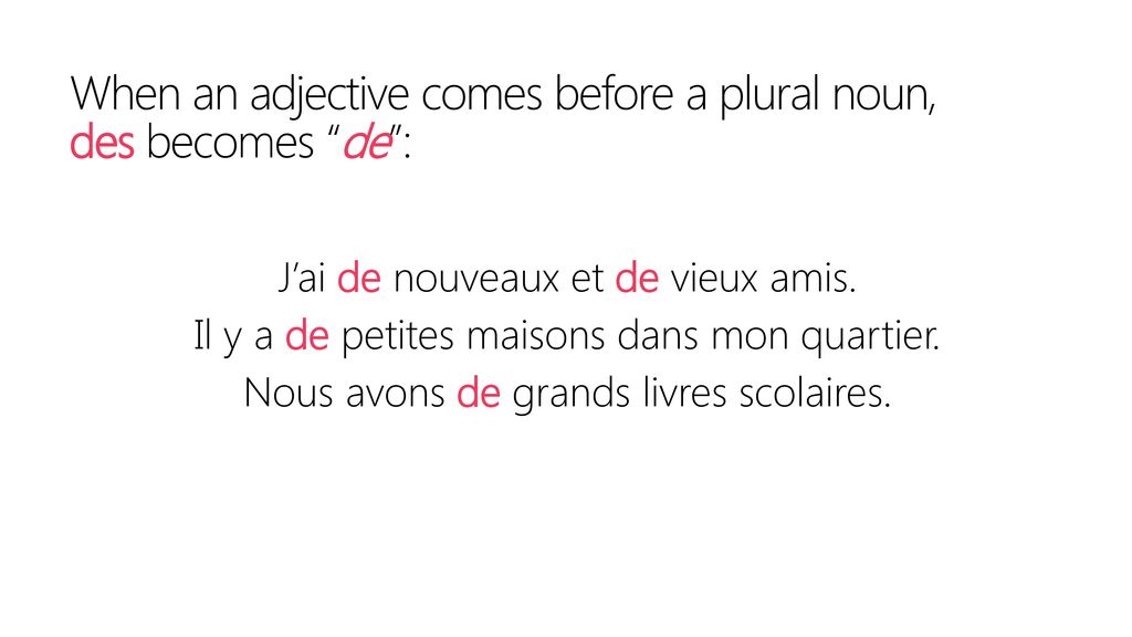 When an adjective comes before a plural noun, des becomes de :