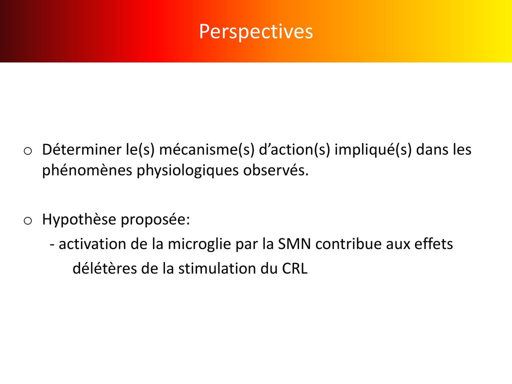 Perspectives Déterminer le(s) mécanisme(s) d’action(s) impliqué(s) dans les phénomènes physiologiques observés.