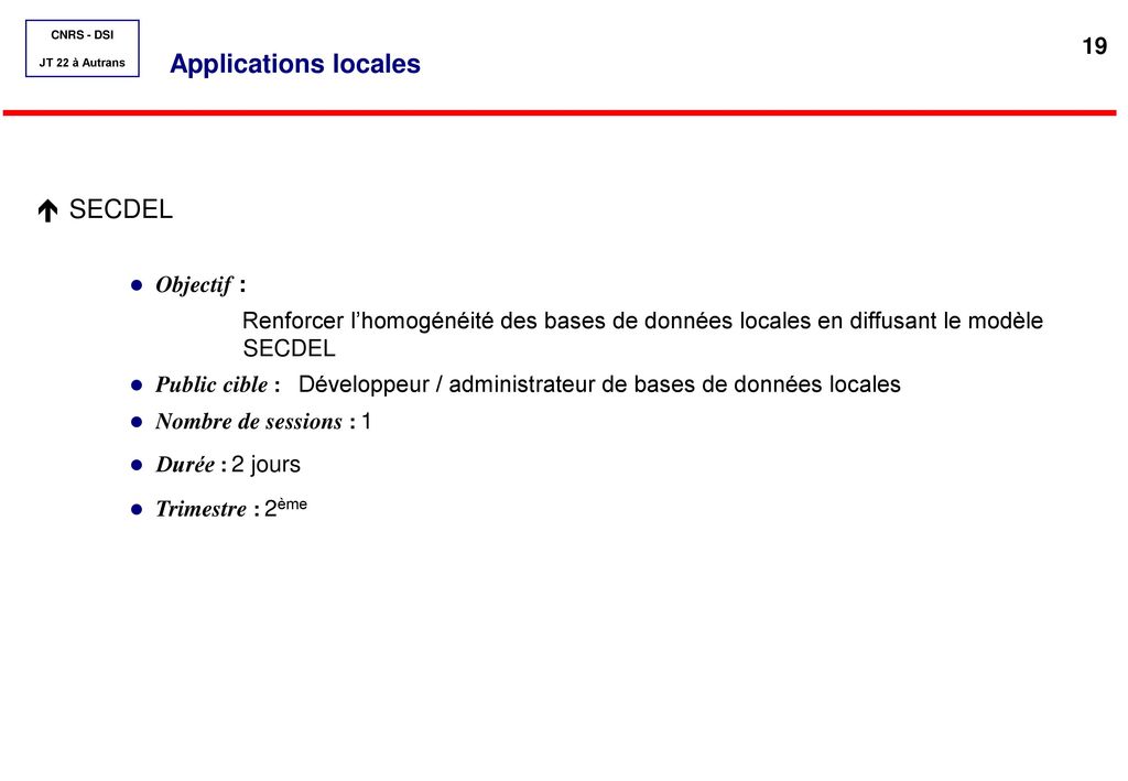 Applications locales SECDEL Objectif :