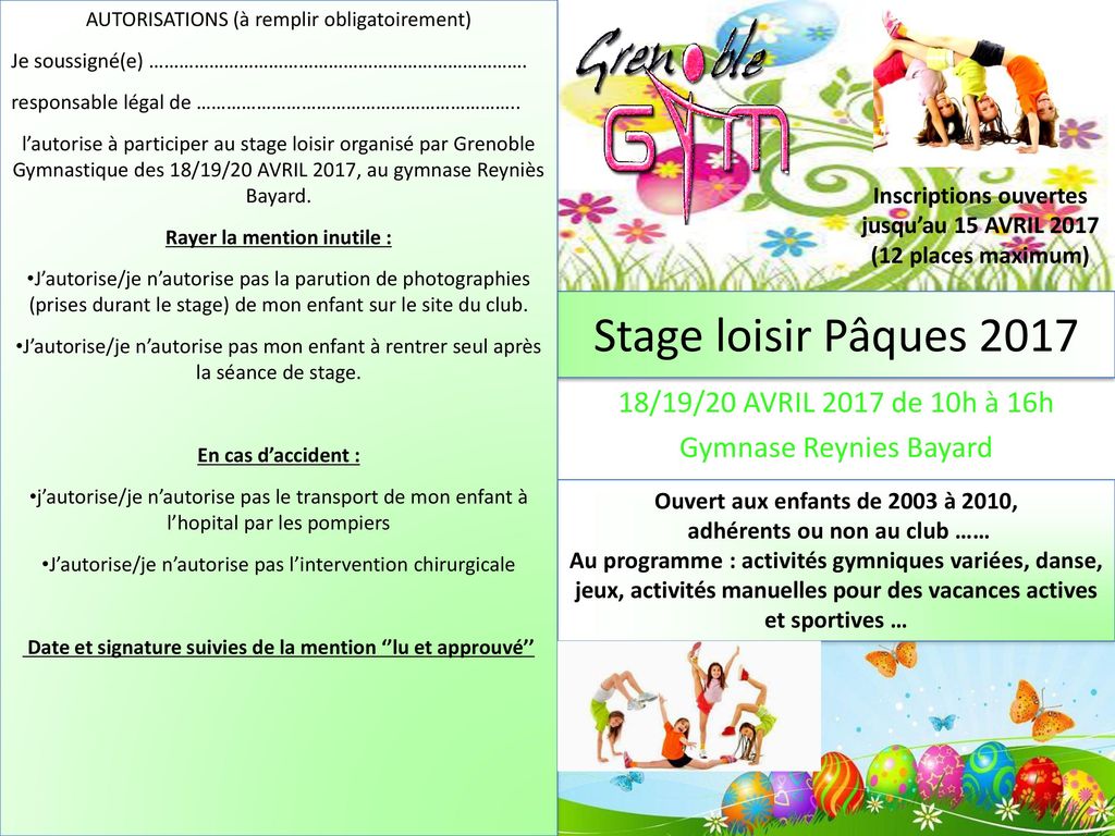 Stage loisir Pâques /19/20 AVRIL 2017 de 10h à 16h