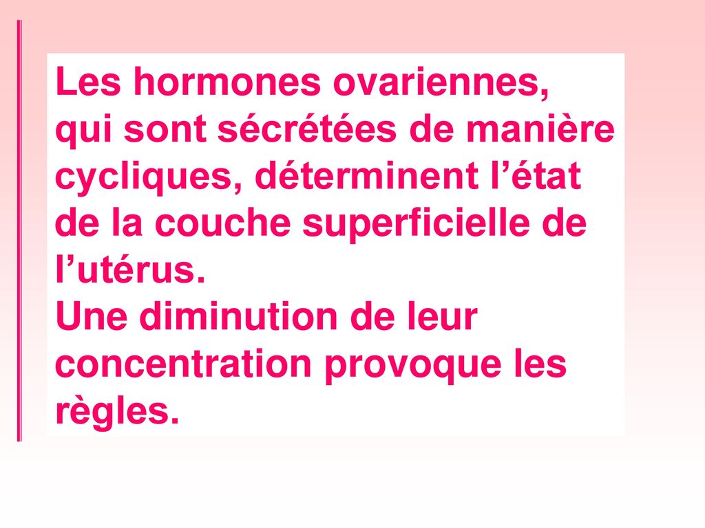 Les hormones ovariennes, qui sont sécrétées de manière cycliques, déterminent l’état de la couche superficielle de l’utérus.