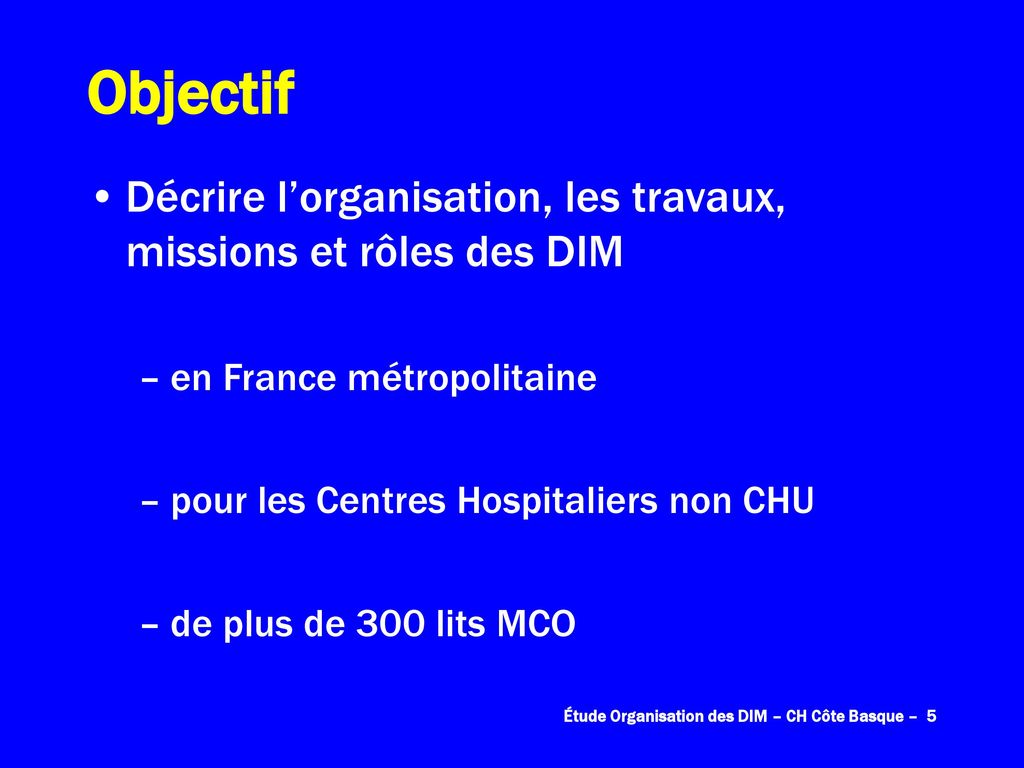 Objectif Décrire l’organisation, les travaux, missions et rôles des DIM. en France métropolitaine.