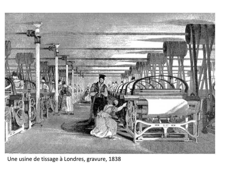 Une usine de tissage à Londres, gravure, 1838