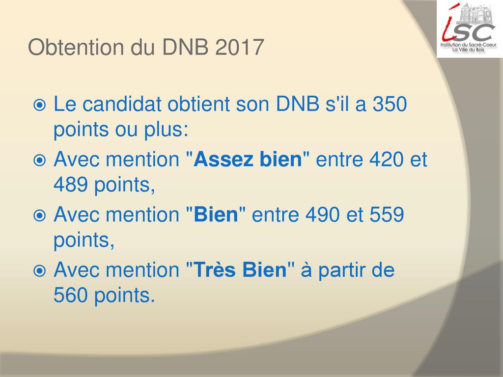 Obtention du DNB 2017 Le candidat obtient son DNB s il a 350 points ou plus: Avec mention Assez bien entre 420 et 489 points,