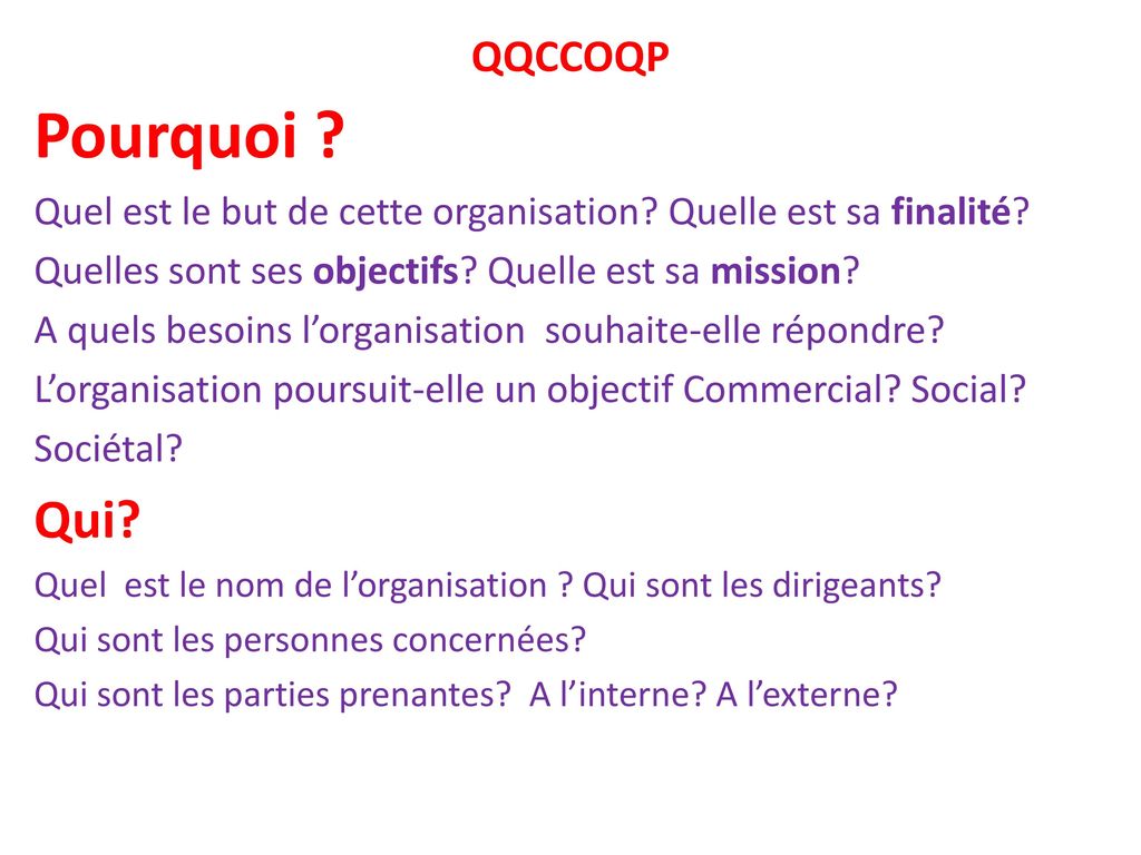 QQCCOQP Pourquoi Quel est le but de cette organisation Quelle est sa finalité Quelles sont ses objectifs Quelle est sa mission