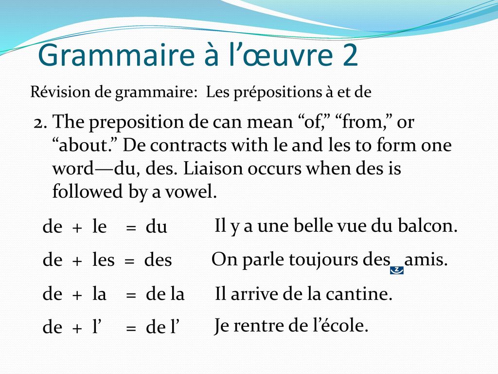 Grammaire à l’œuvre 2 Révision de grammaire: Les prépositions à et de.