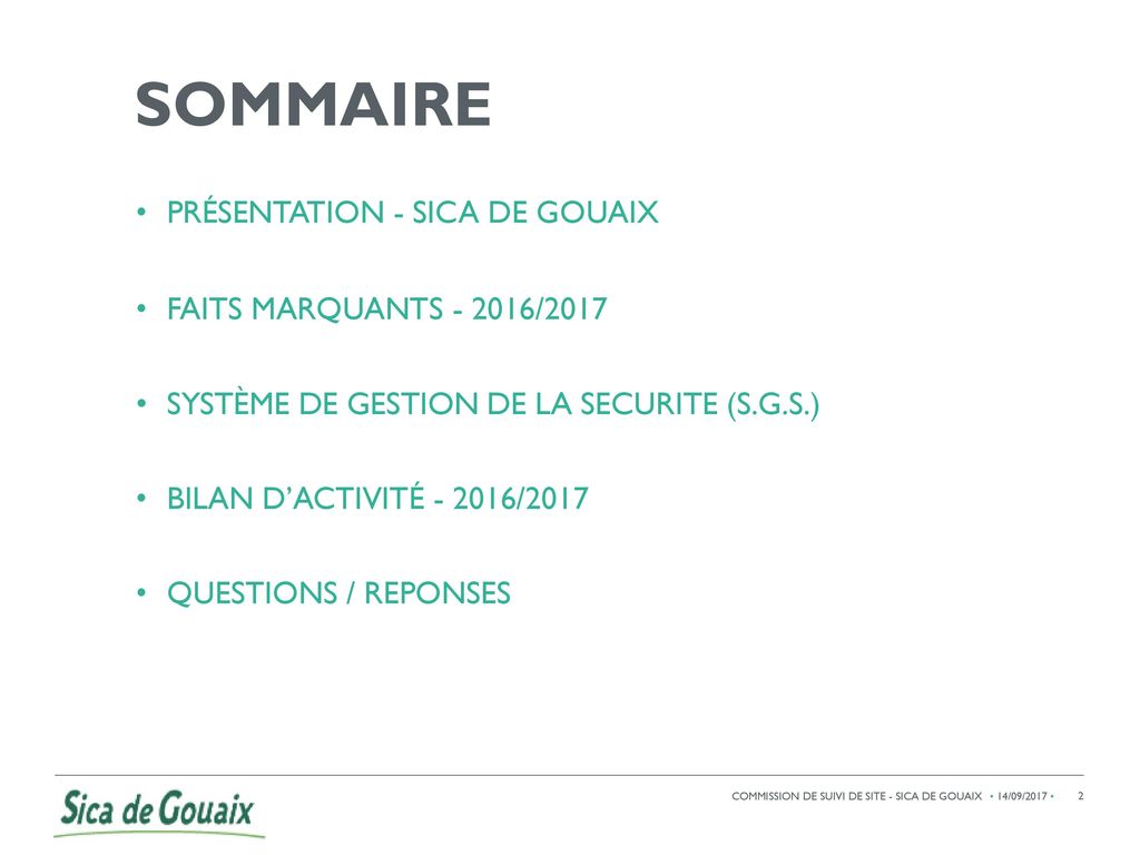 SOMMAIRE PRÉSENTATION - SICA DE GOUAIX FAITS MARQUANTS /2017
