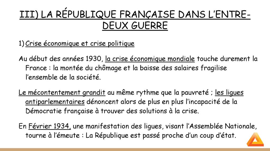 III) LA RÉPUBLIQUE FRANÇAISE DANS L’ENTRE-DEUX GUERRE