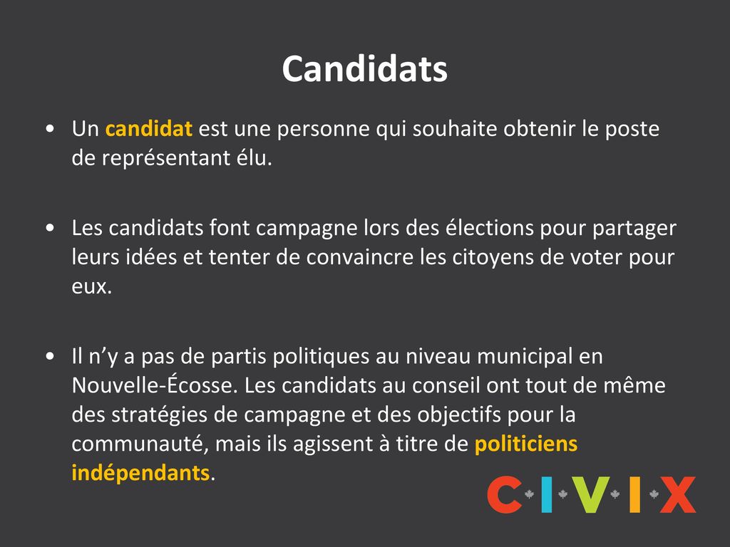 Candidats Un candidat est une personne qui souhaite obtenir le poste de représentant élu.