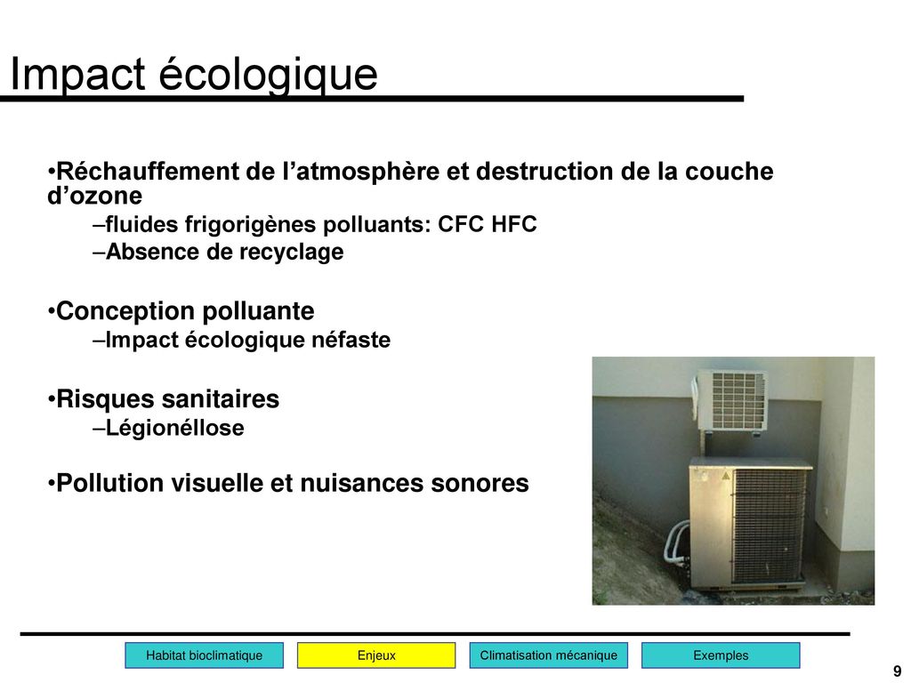 Impact écologique Réchauffement de l’atmosphère et destruction de la couche d’ozone. fluides frigorigènes polluants: CFC HFC.