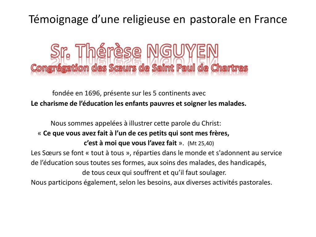 Témoignage d’une religieuse en pastorale en France