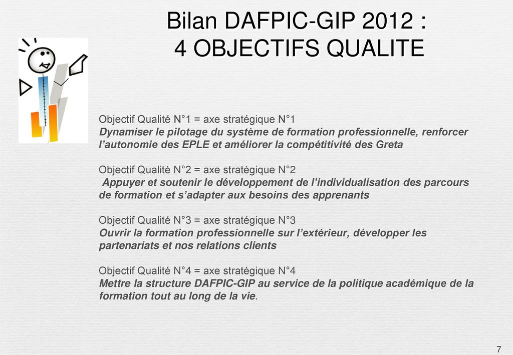 Bilan DAFPIC-GIP 2012 : 4 OBJECTIFS QUALITE