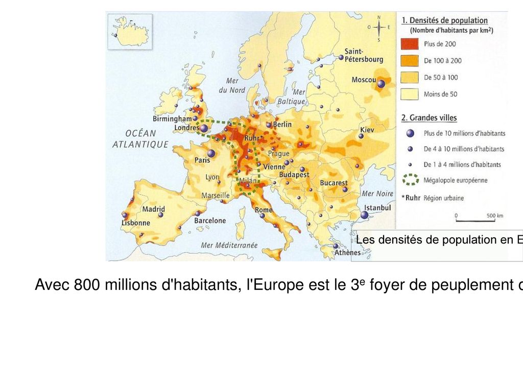 Les densités de population en Europe (source : Belin, 2009)