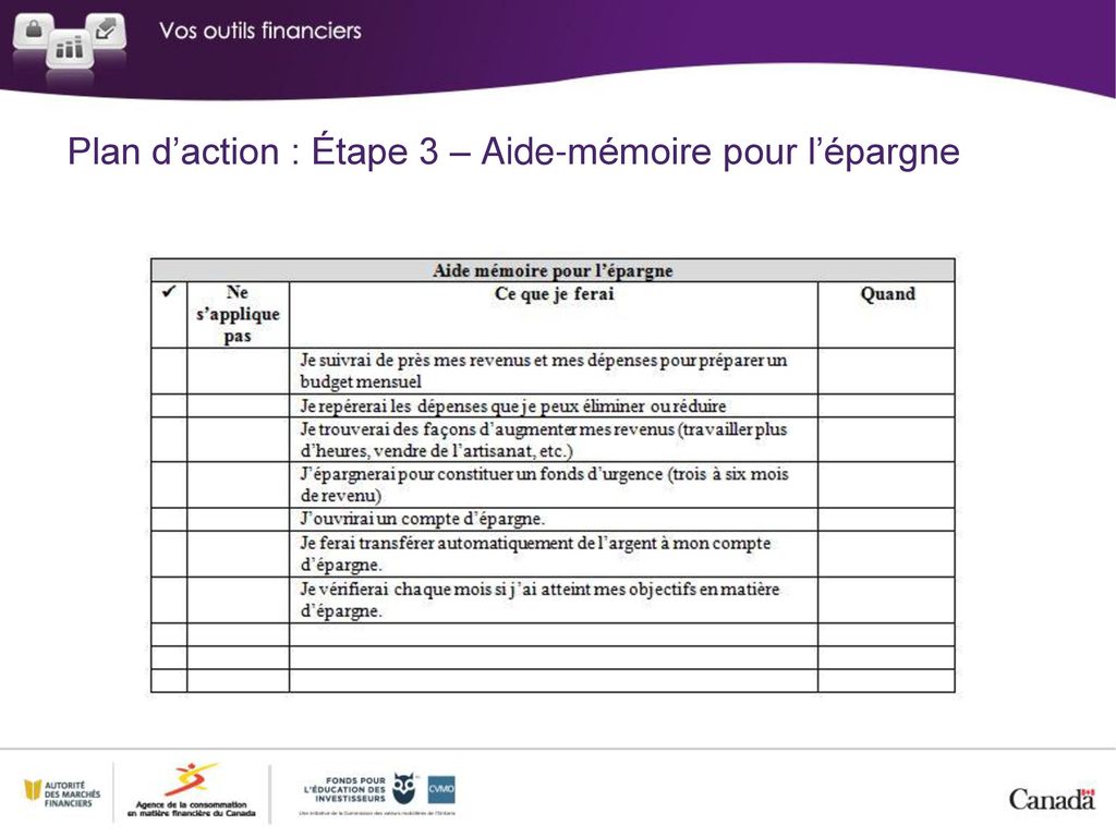 Plan d’action : Étape 3 – Aide-mémoire pour l’épargne