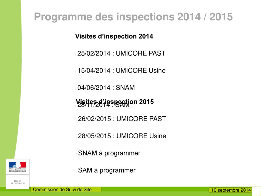 Programme des inspections 2014 / 2015