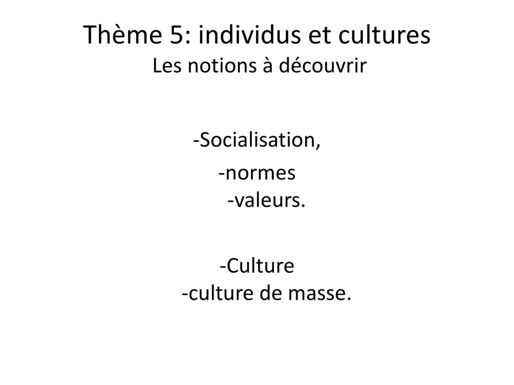 Thème 5: individus et cultures Les notions à découvrir