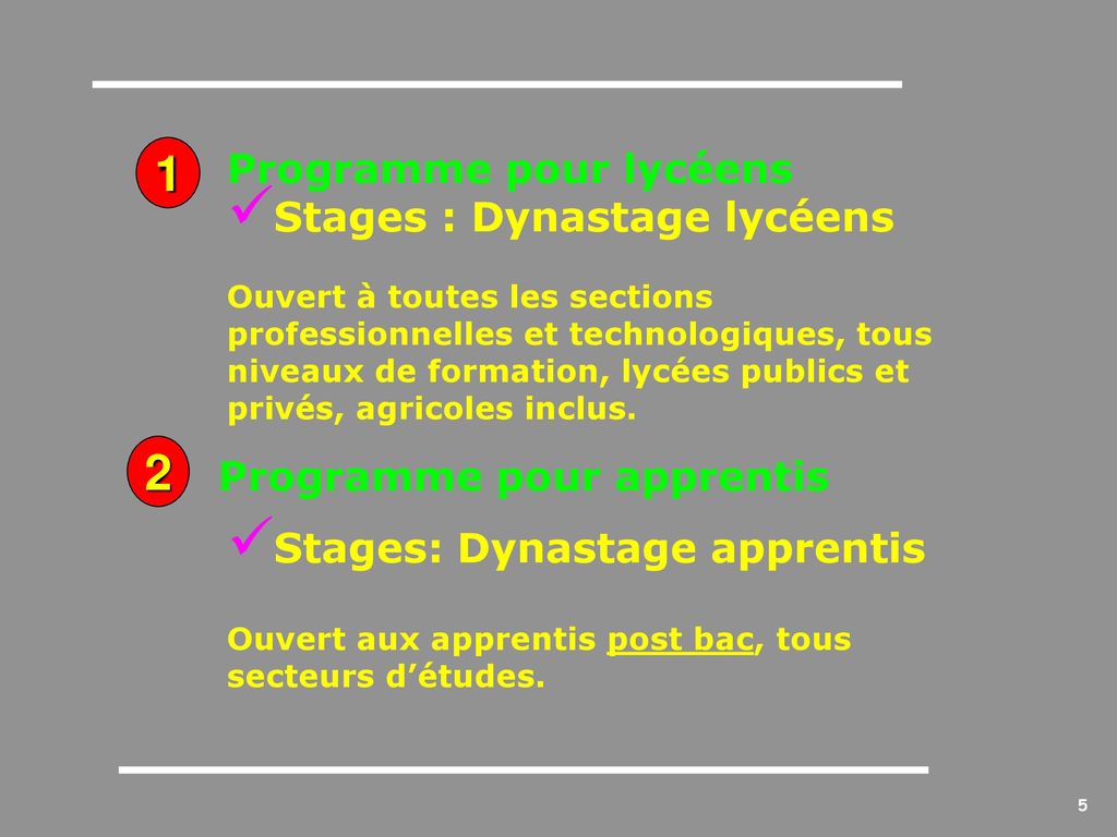 1 2 Programme pour lycéens Stages : Dynastage lycéens