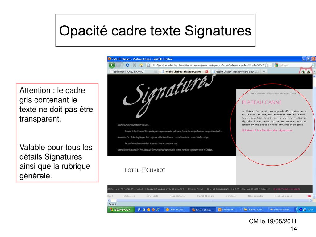 Opacité cadre texte Signatures
