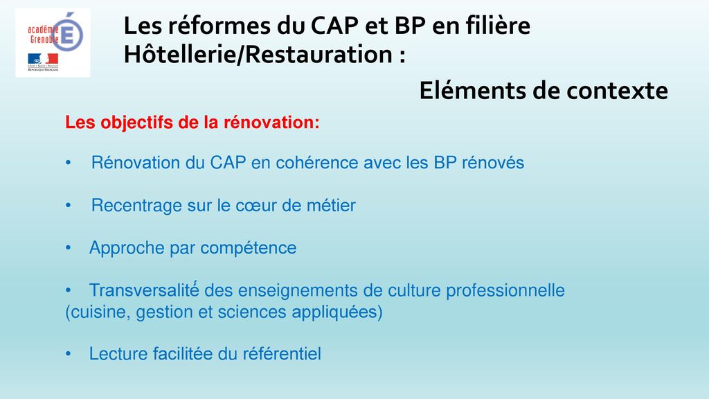 Les réformes du CAP et BP en filière Hôtellerie/Restauration :