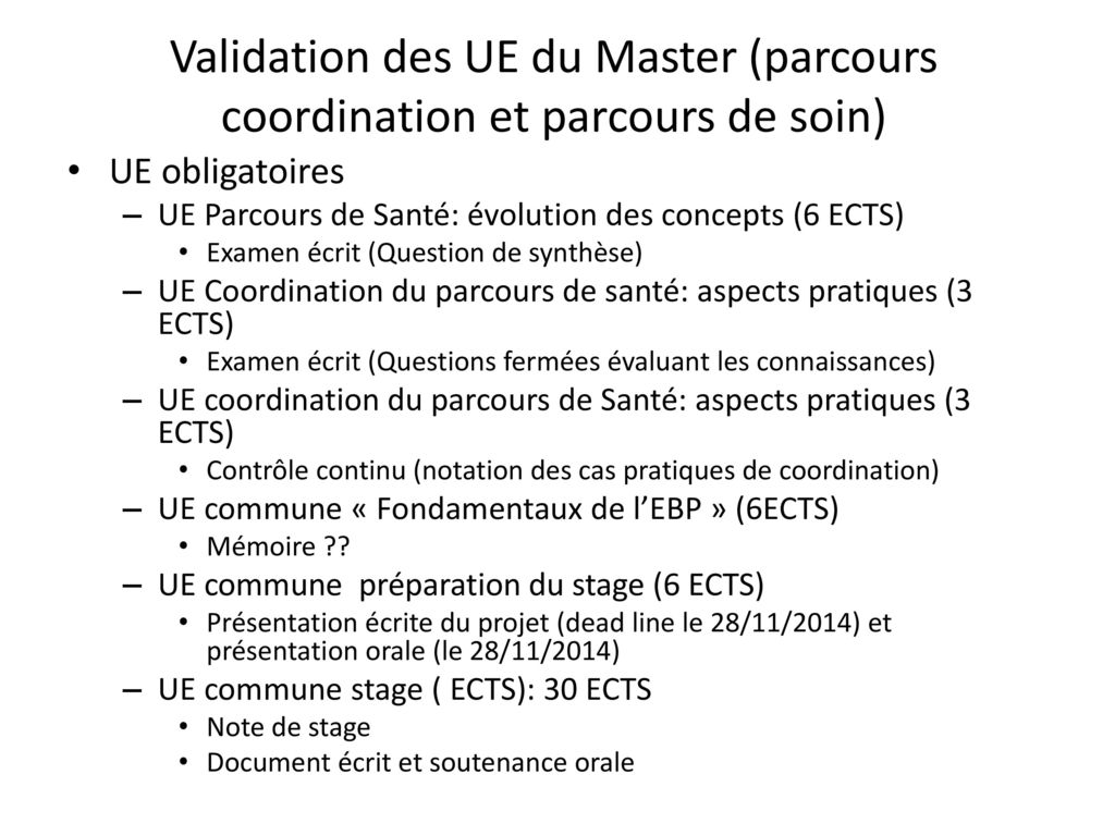 Validation des UE du Master (parcours coordination et parcours de soin)