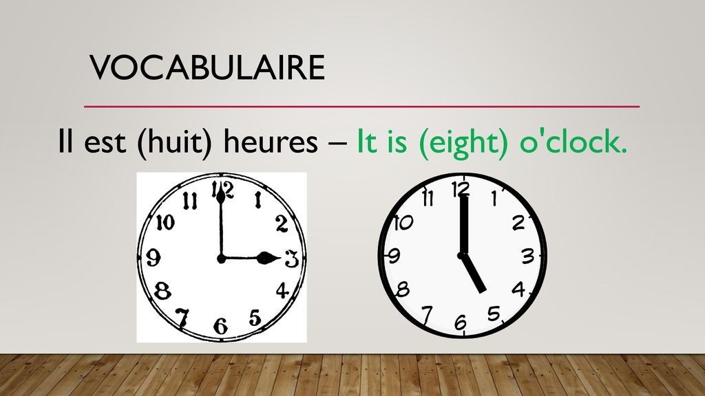 Vocabulaire Il est (huit) heures – It is (eight) o clock.