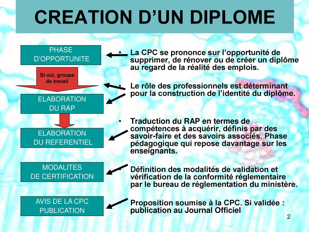 CREATION D’UN DIPLOME AVIS DE LA CPC. PUBLICATION. MODALITES. DE CERTIFICATION. PHASE. D’OPPORTUNITE.