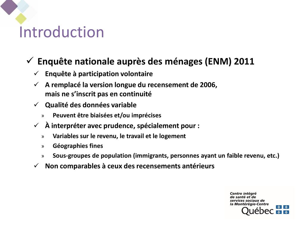 Introduction Enquête nationale auprès des ménages (ENM) 2011