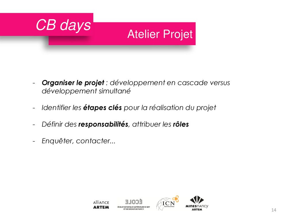 CB days Atelier Projet. Organiser le projet : développement en cascade versus développement simultané.