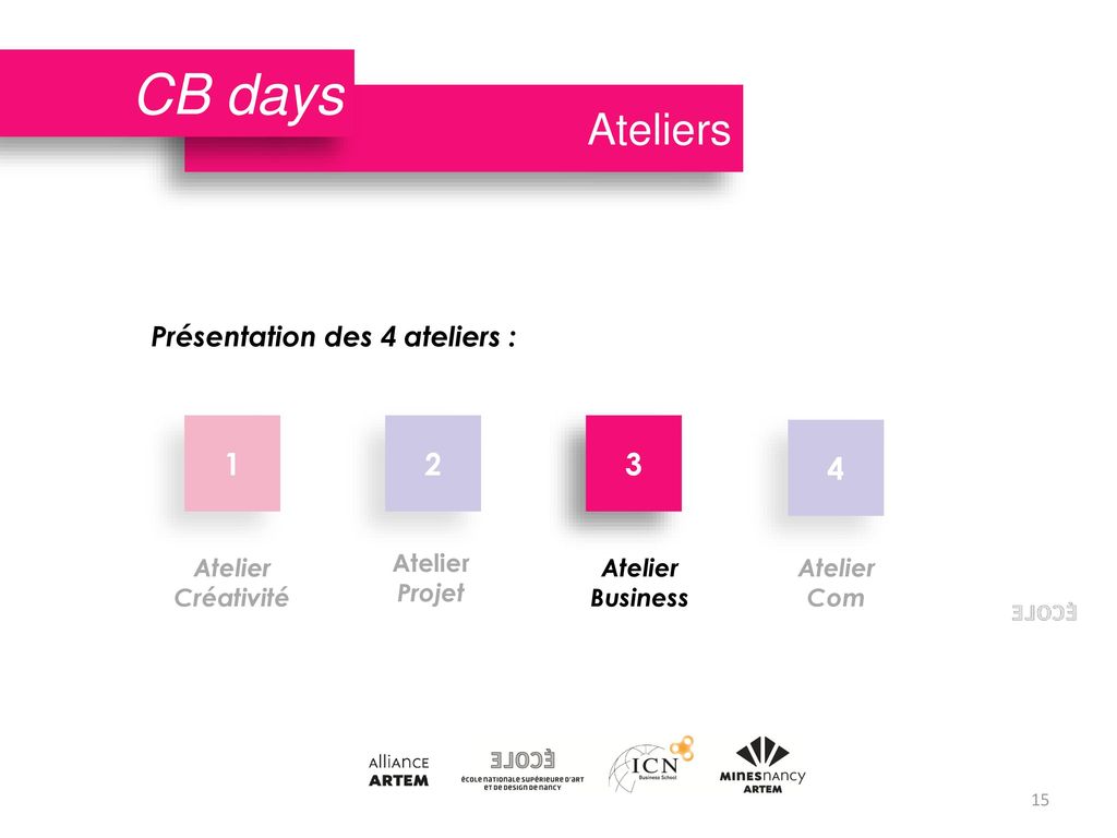 CB days Ateliers Présentation des 4 ateliers : Atelier
