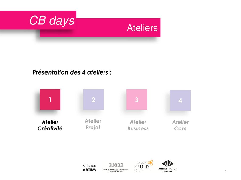 CB days Ateliers Présentation des 4 ateliers : Atelier