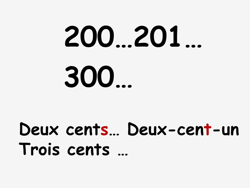 200…201… 300… Deux cents… Deux-cent-un Trois cents …