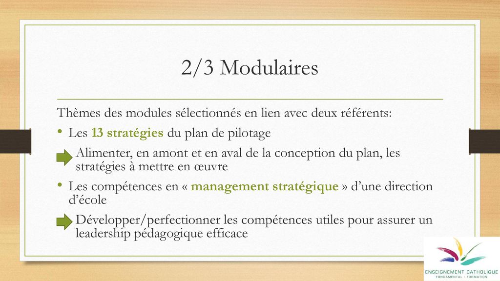 2/3 Modulaires Thèmes des modules sélectionnés en lien avec deux référents: Les 13 stratégies du plan de pilotage.