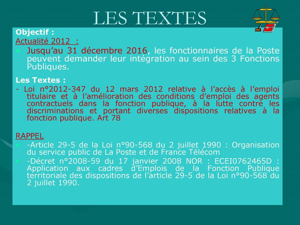 LES TEXTES Objectif : Actualité 2012 :