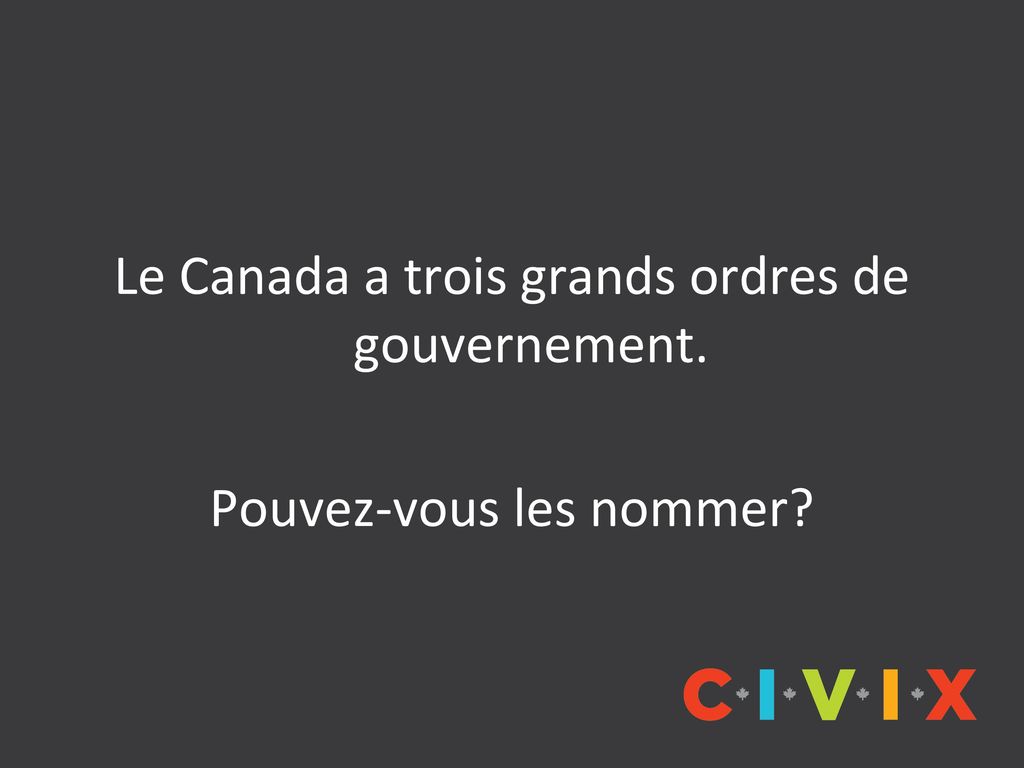 Le Canada a trois grands ordres de gouvernement.
