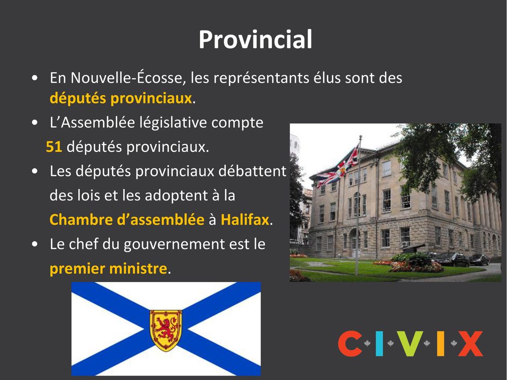 Provincial En Nouvelle-Écosse, les représentants élus sont des députés provinciaux. L’Assemblée législative compte.