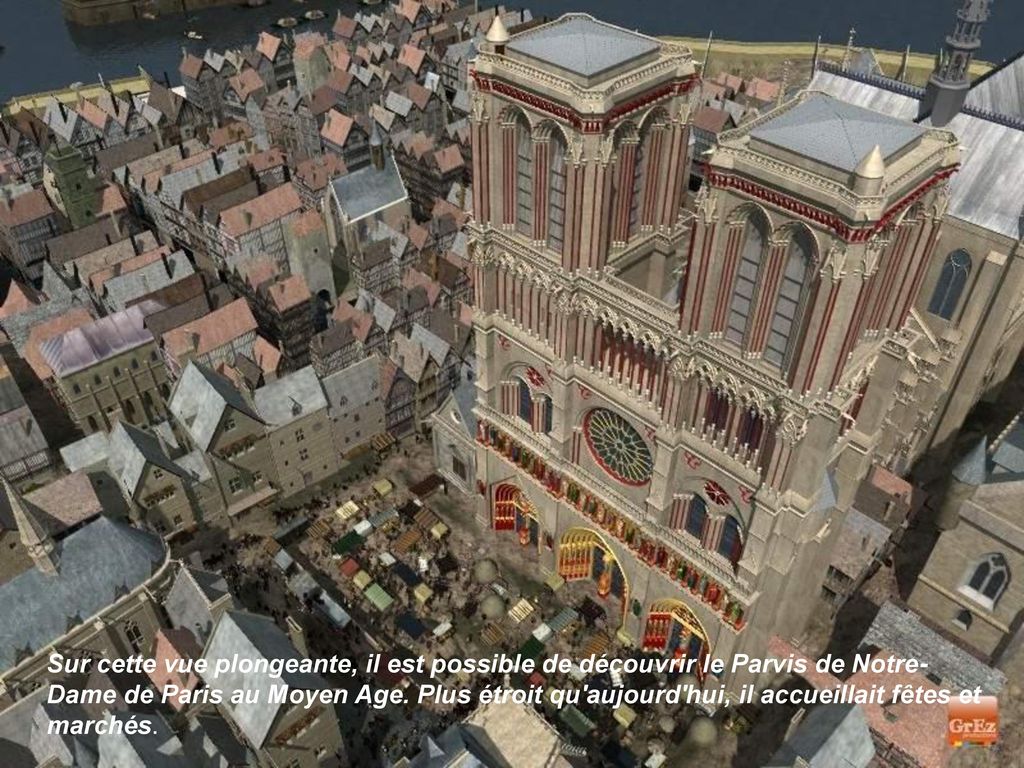 Sur cette vue plongeante, il est possible de découvrir le Parvis de Notre-Dame de Paris au Moyen Age.