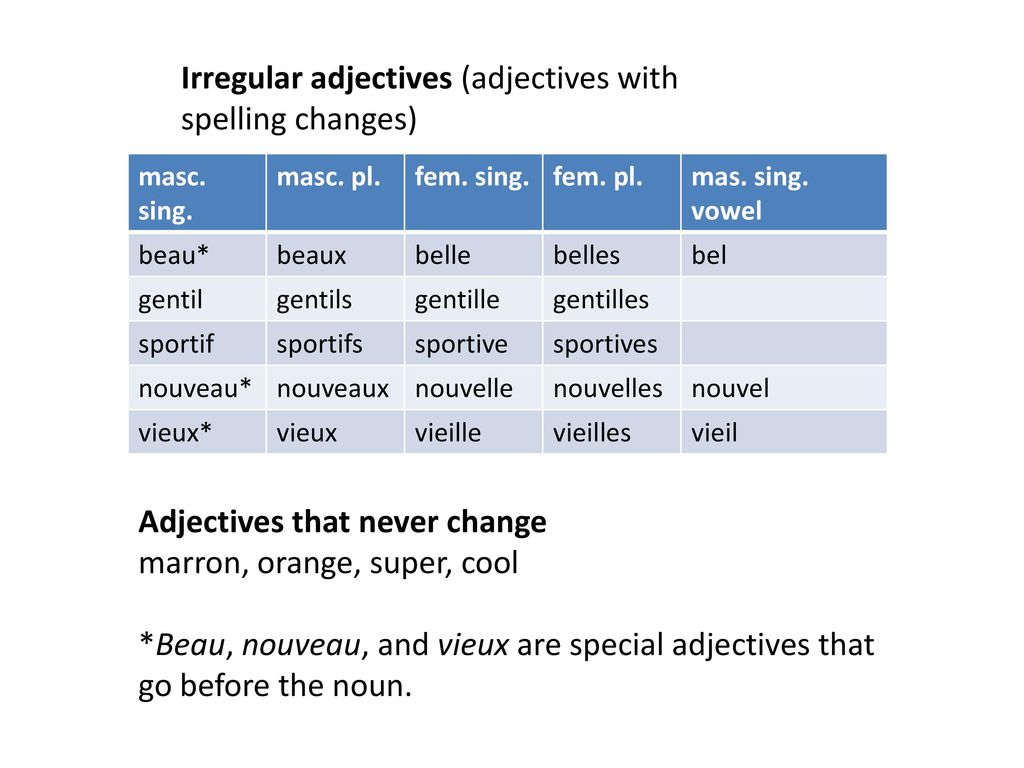 Irregular adjectives (adjectives with spelling changes)