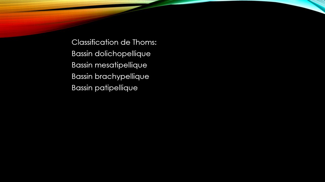 Classification de Thoms: Bassin dolichopellique Bassin mesatipellique Bassin brachypellique Bassin patipellique