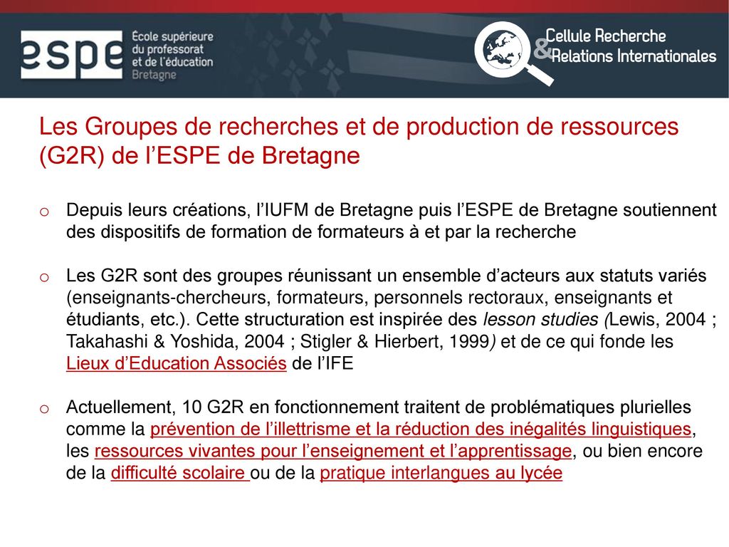 Les Groupes de recherches et de production de ressources (G2R) de l’ESPE de Bretagne